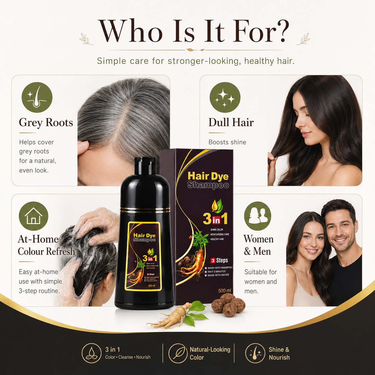 3 In 1 Natural Herbal Hair Dye Shampoo 500ml