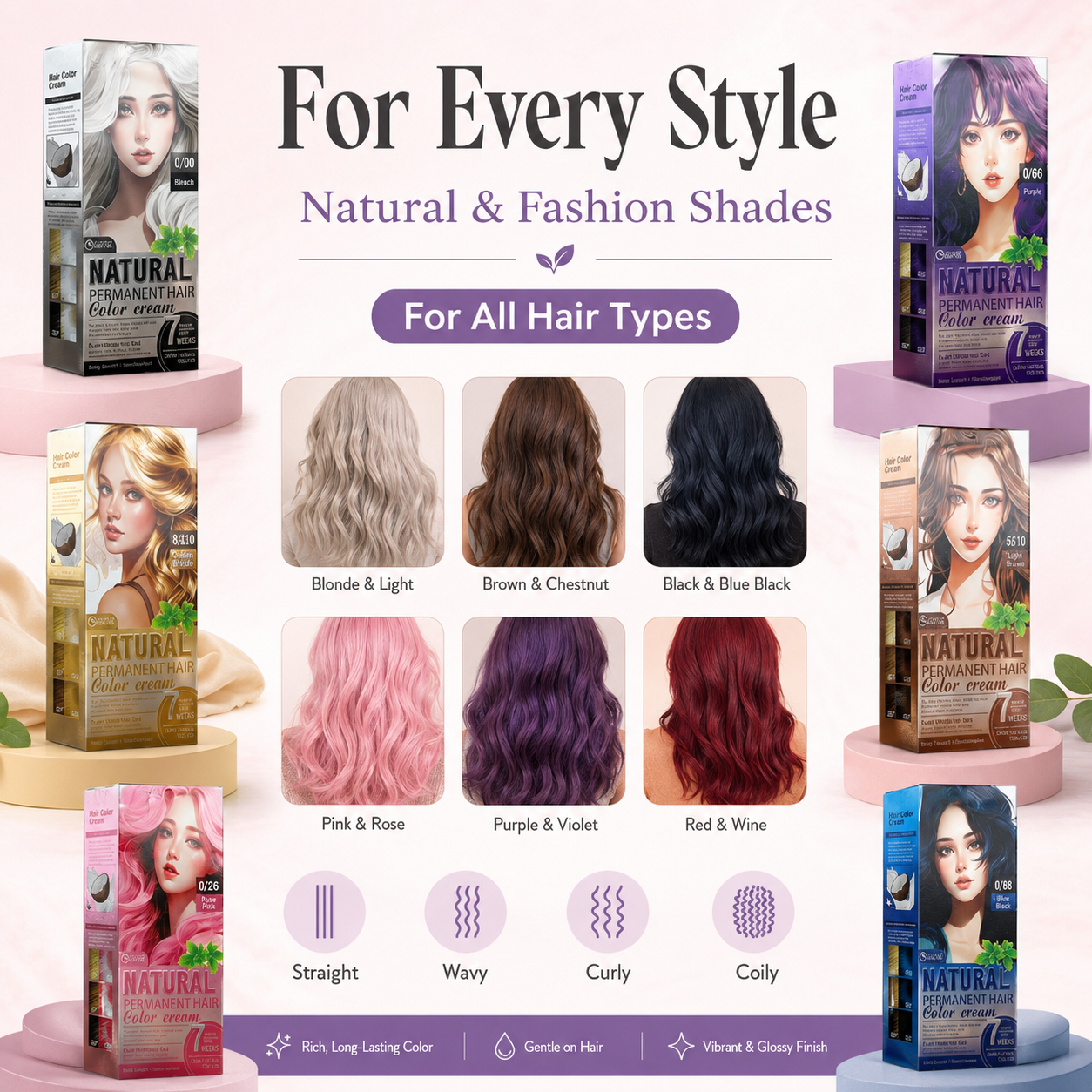 12 Shades Natural Permanent Hair Color Cream Kit