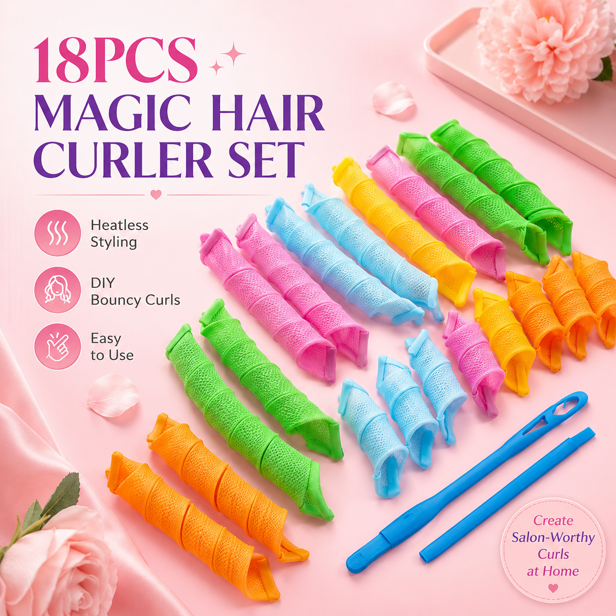 Colorful Heatless Spiral Curler Rollers Kit