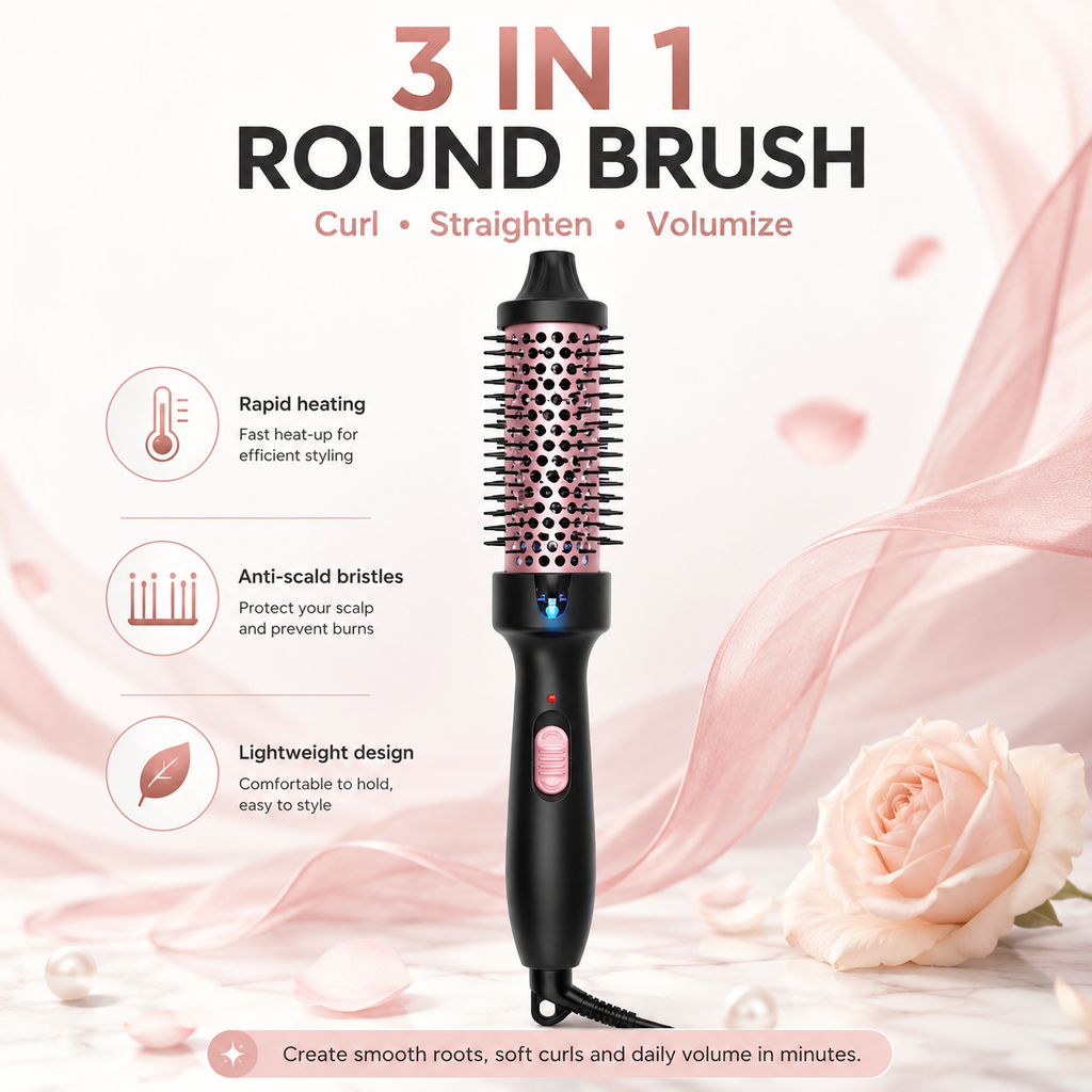 Portable Thermal Round Hot Brush,  Long Last Fluffy Hair Styling Comb
