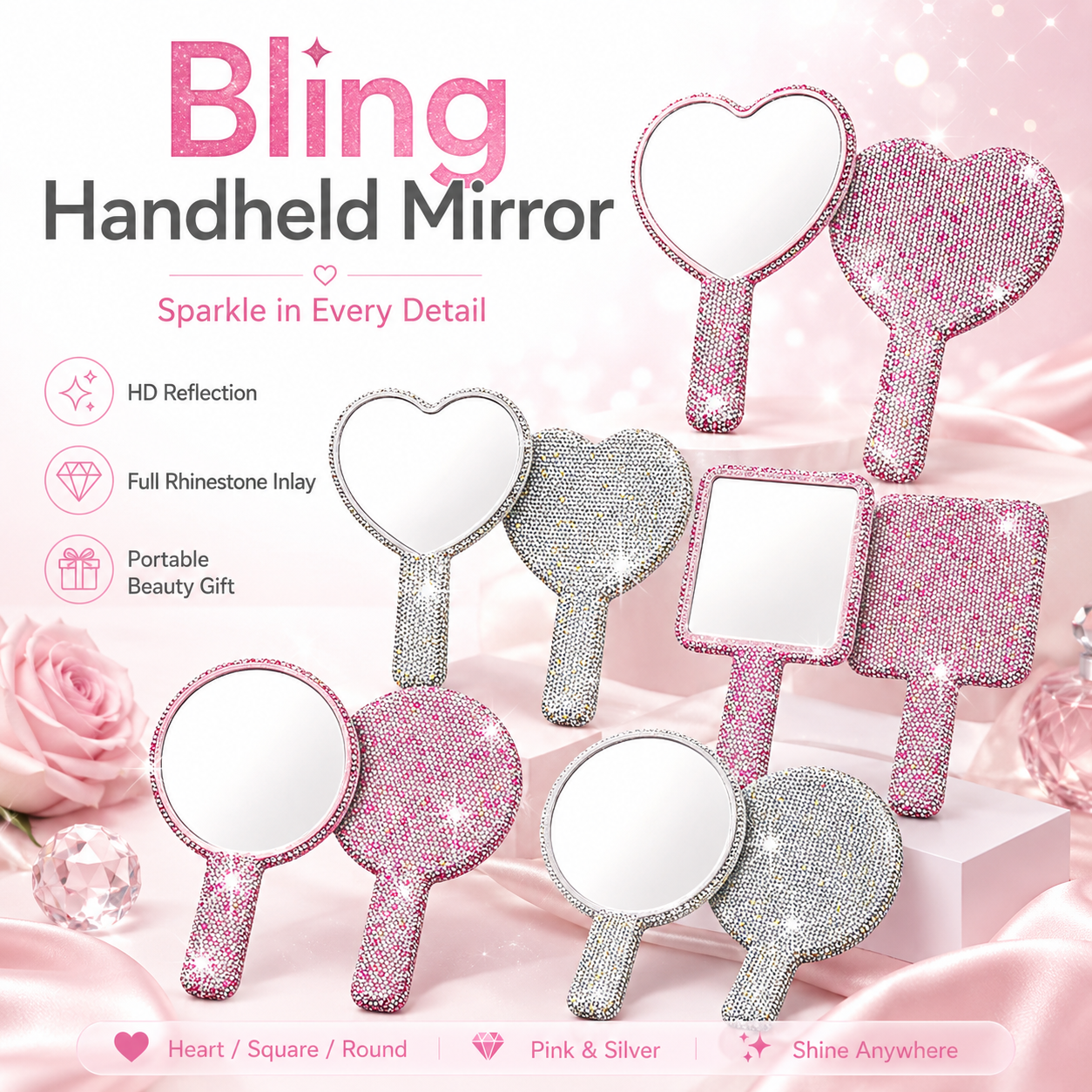Full Diamond Bling Handheld Makeup Mirror