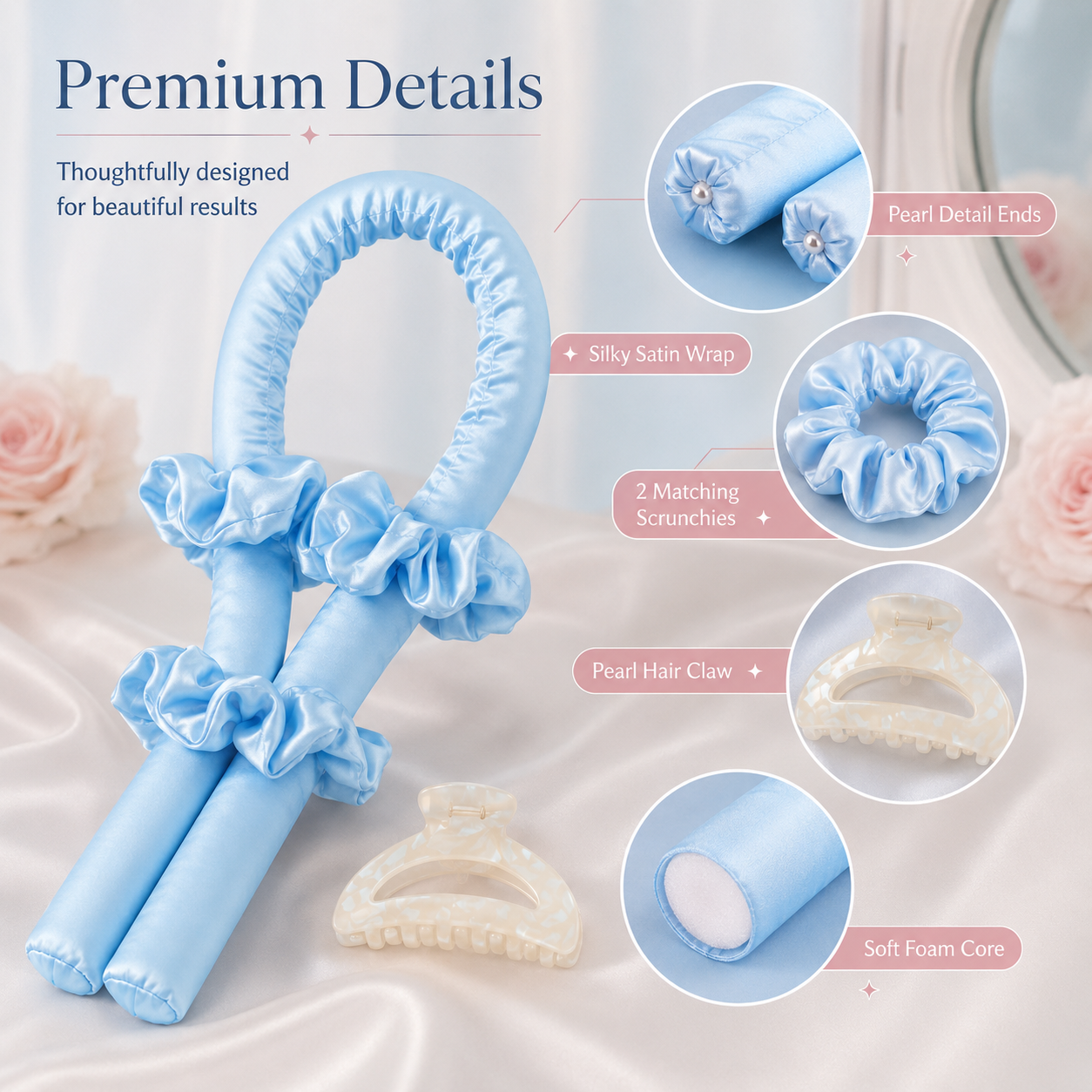 Heatless Satin Curling Rod Headband Set Soft Foam No-Heat Hair
