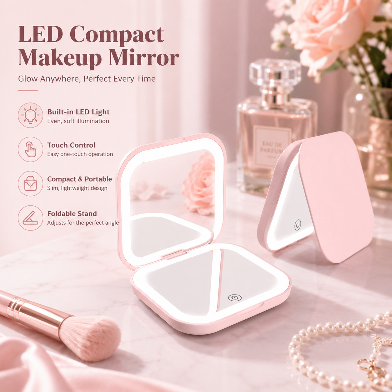 1X/2X Double Sided LED Light Compact Makeup Mirror