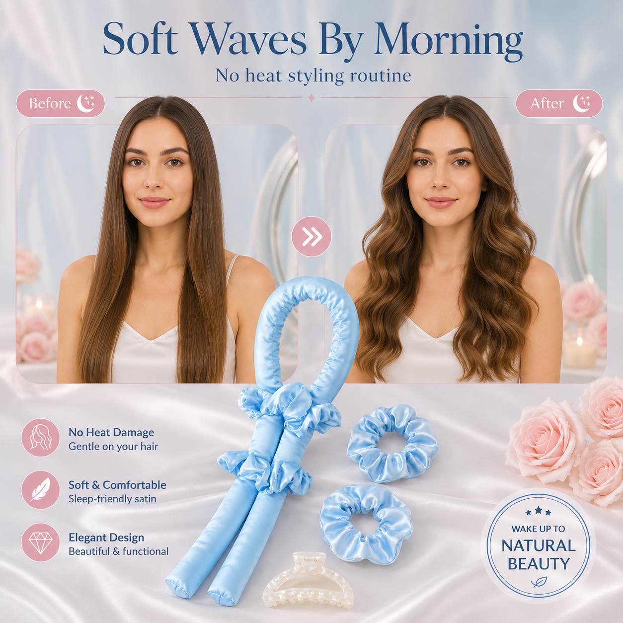 Heatless Satin Curling Rod Headband Set Soft Foam No-Heat Hair