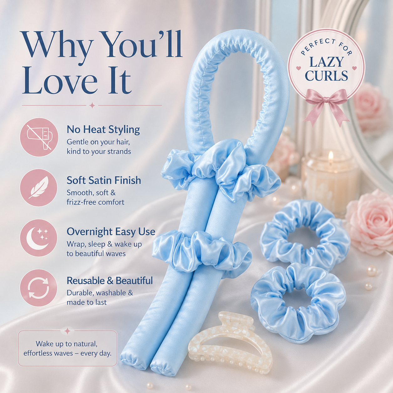 Heatless Satin Curling Rod Headband Set Soft Foam No-Heat Hair