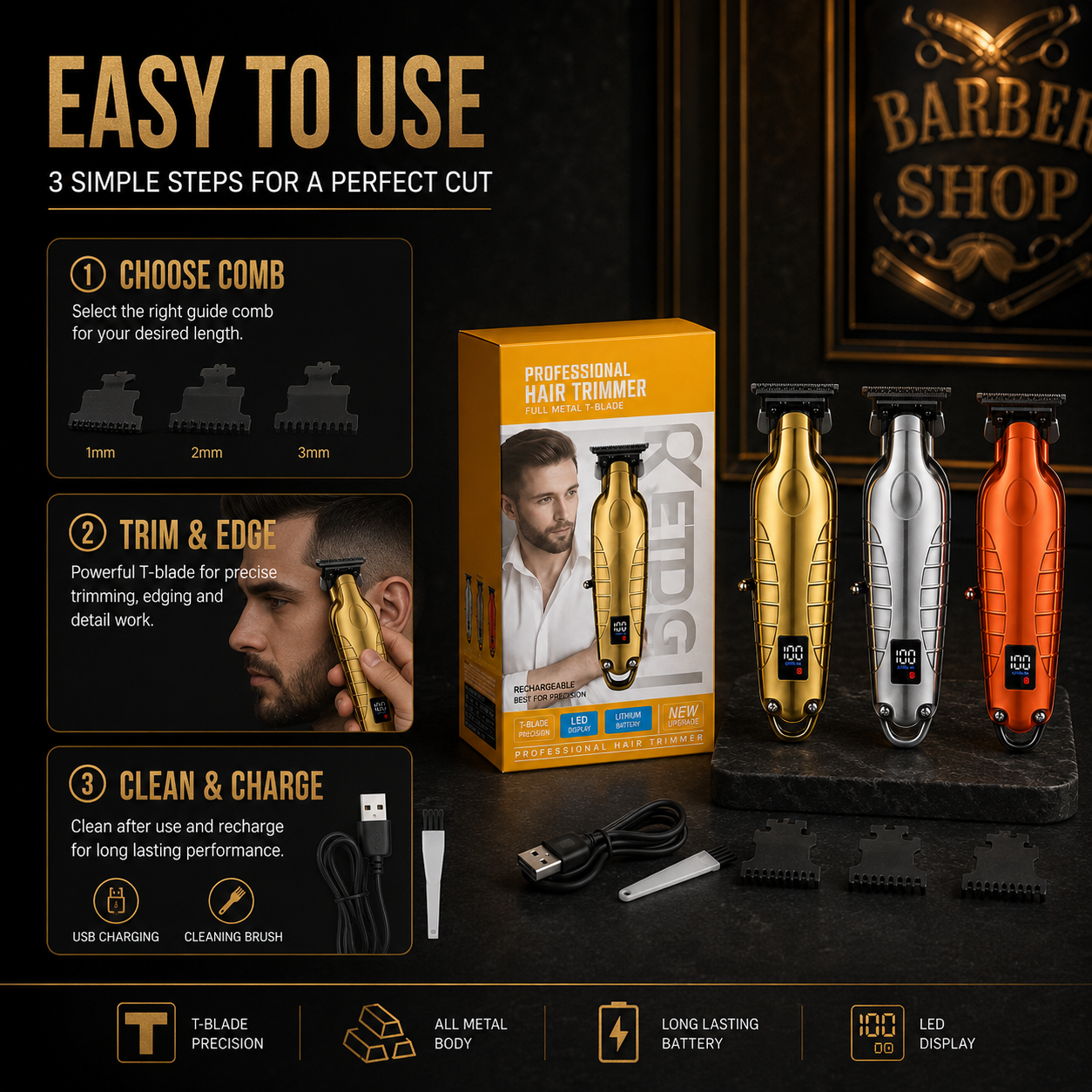 2293 Metal Body Cordless Hair Clipper with Digital Display