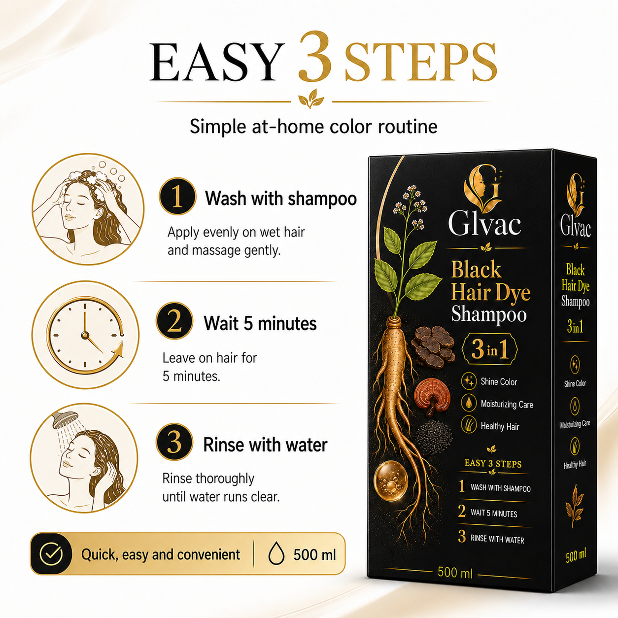 3-in-1 Herbal Hair Dye Shampoo, Quick Easy Gray Hair