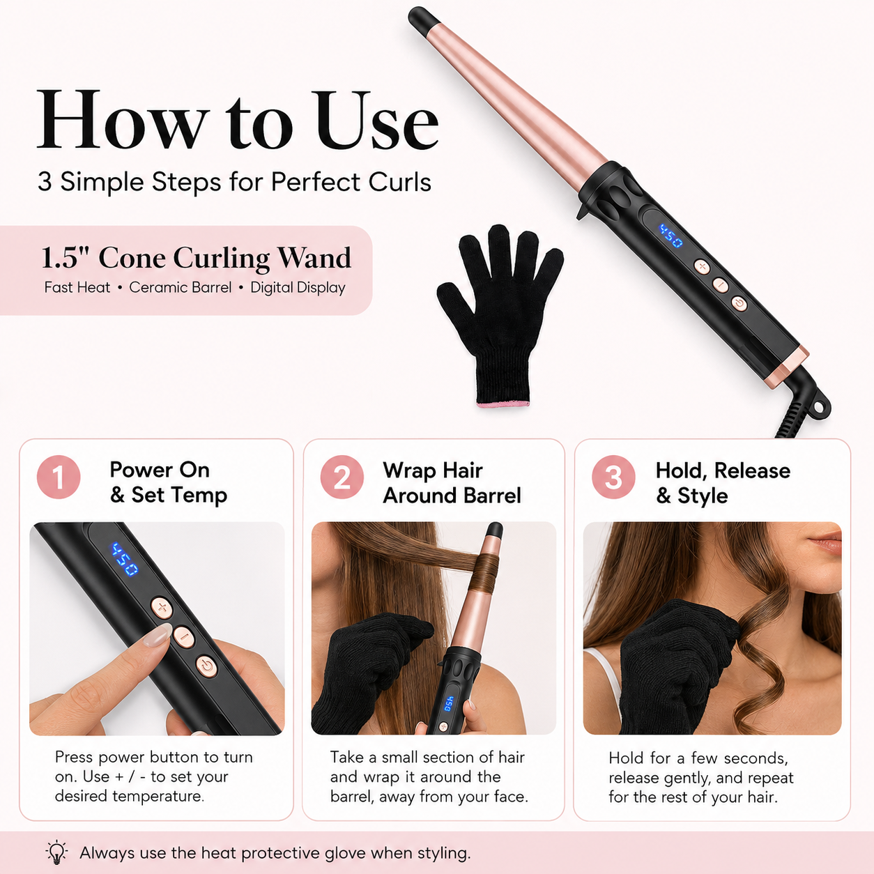 Conical Taper Curling Wand,  Digital Temp Fast Heating Ceramic Hair Curler
