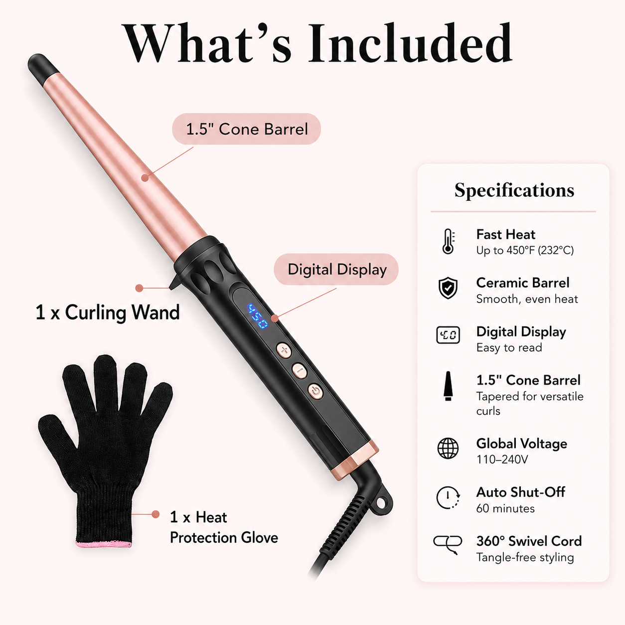 Conical Taper Curling Wand,  Digital Temp Fast Heating Ceramic Hair Curler
