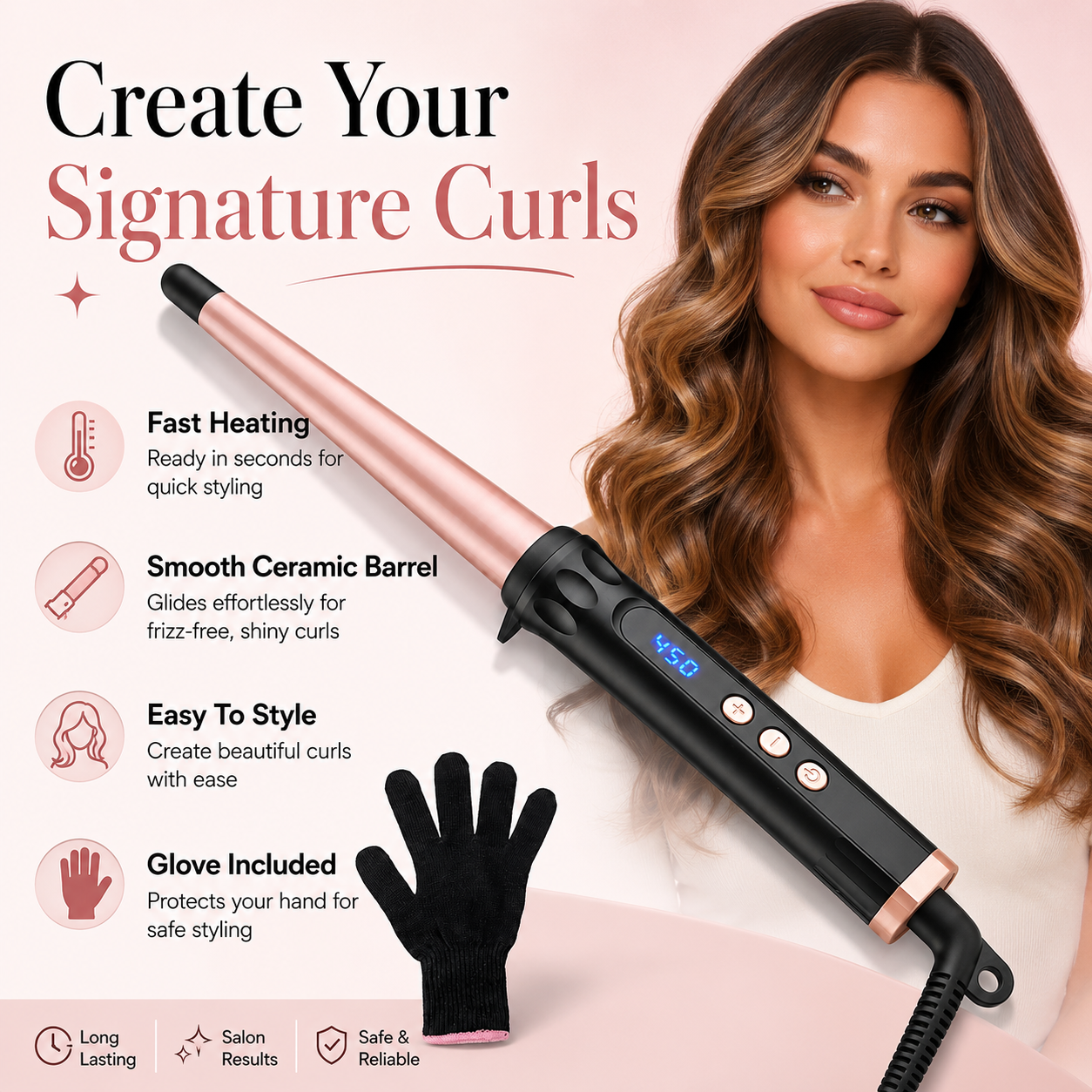 Conical Taper Curling Wand,  Digital Temp Fast Heating Ceramic Hair Curler
