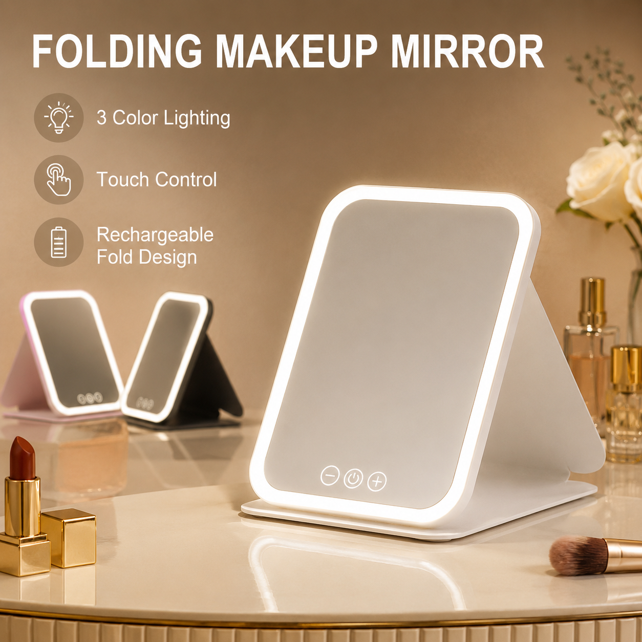 Foldable LED Lighted Makeup Mirror 3 Colors Dimmable