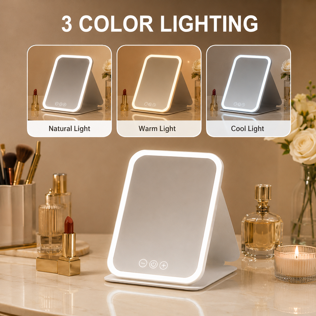 Foldable LED Lighted Makeup Mirror 3 Colors Dimmable