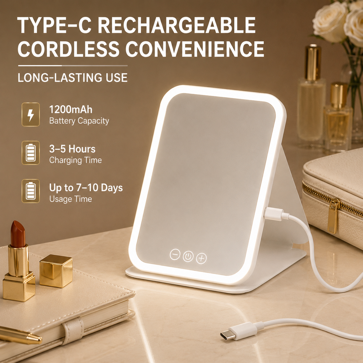 Foldable LED Lighted Makeup Mirror 3 Colors Dimmable