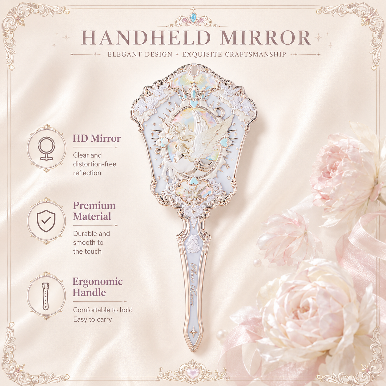 Exquisite Embossed Angel Handheld Makeup Mirror