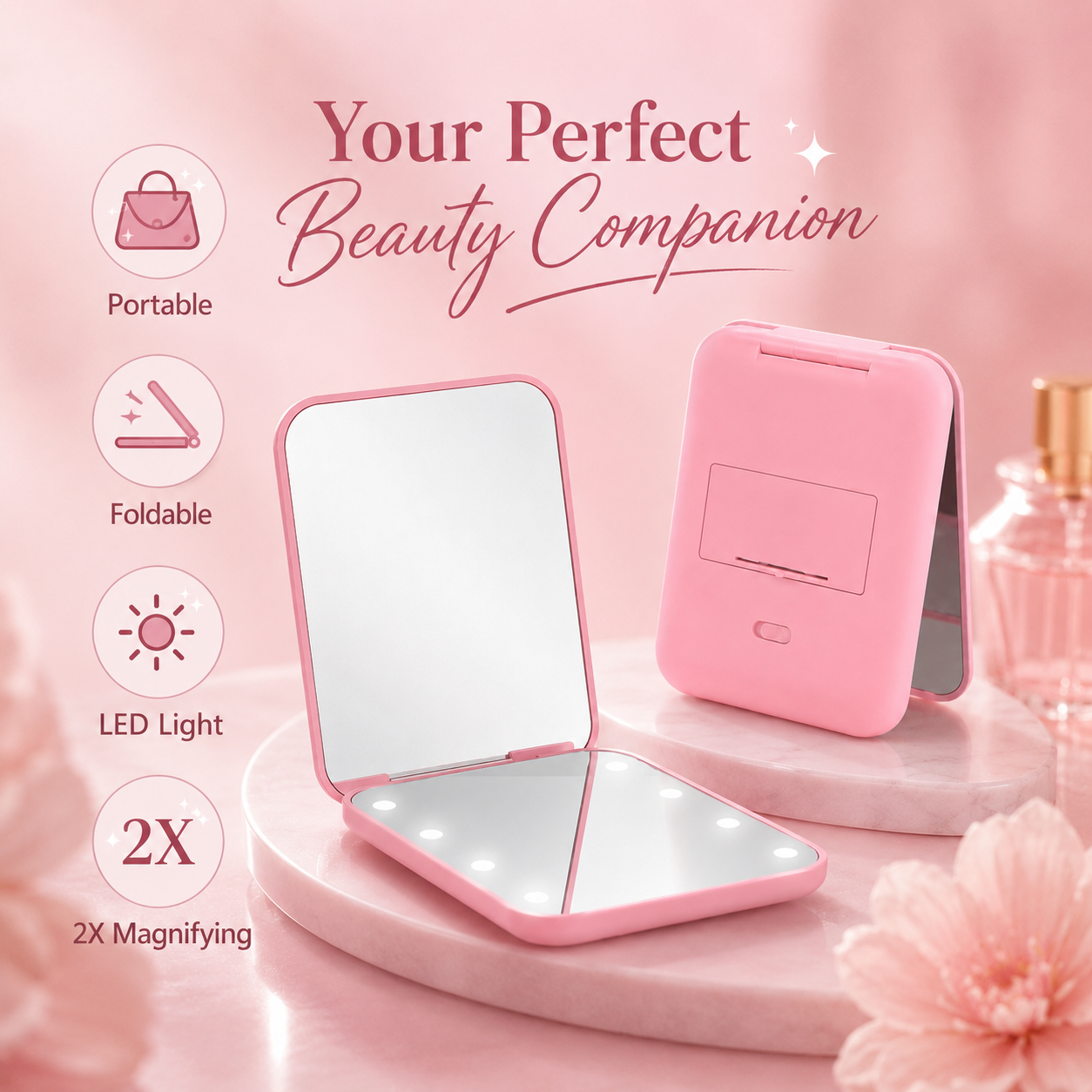 LED Foldable Double Sided Travel Makeup Mirror
