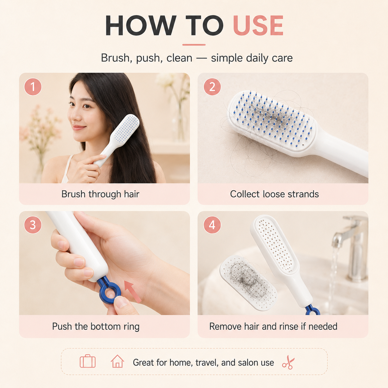 One Step Self Cleaning Retractable Massage Hair Comb