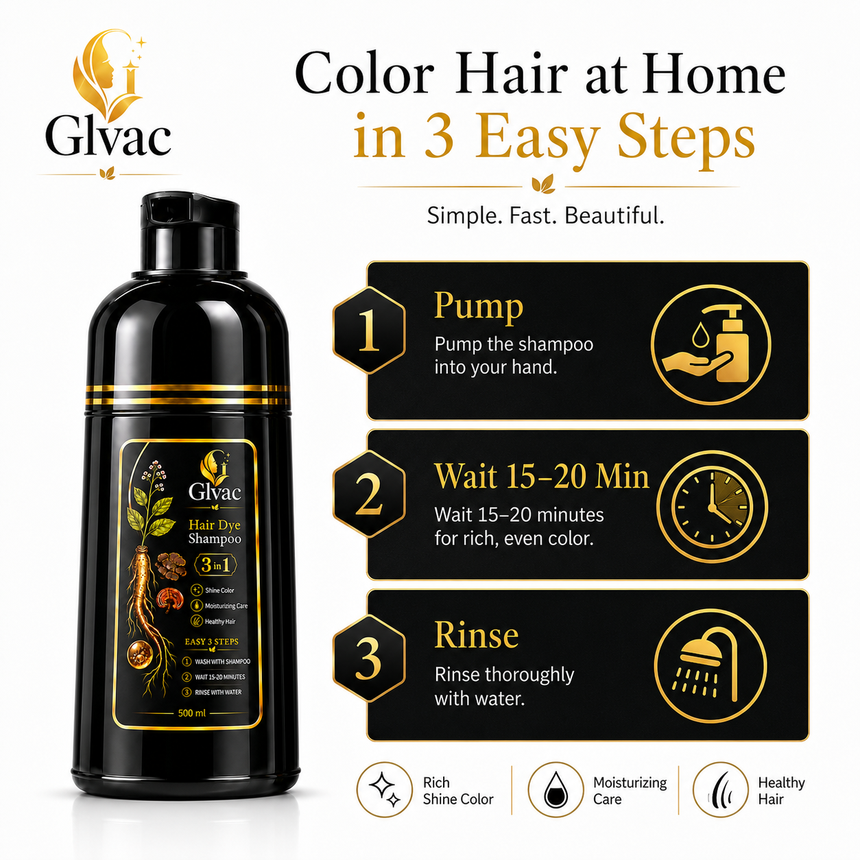 Glvac 3-in-1 Hair Colour Shampoo for Grey Hair – 500ml