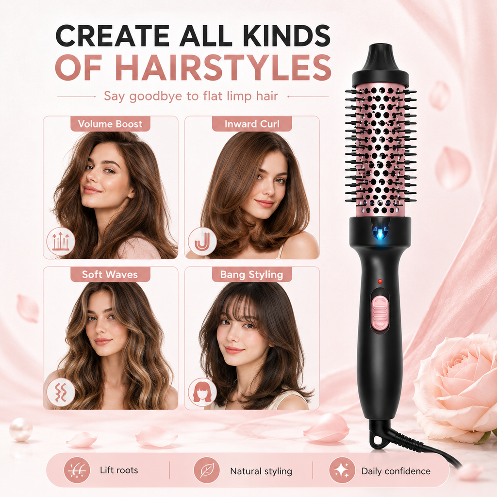 Portable Thermal Round Hot Brush,  Long Last Fluffy Hair Styling Comb