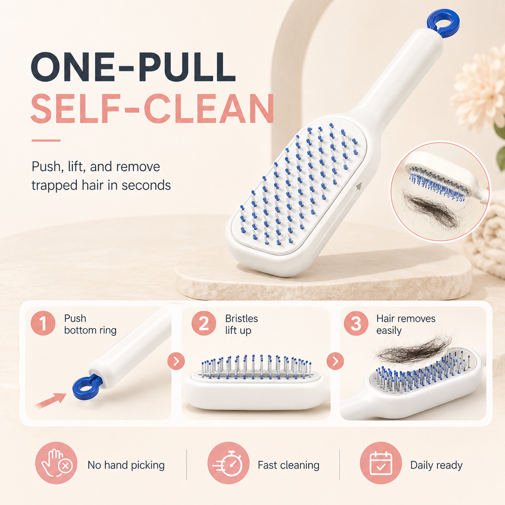 One Step Self Cleaning Retractable Massage Hair Comb