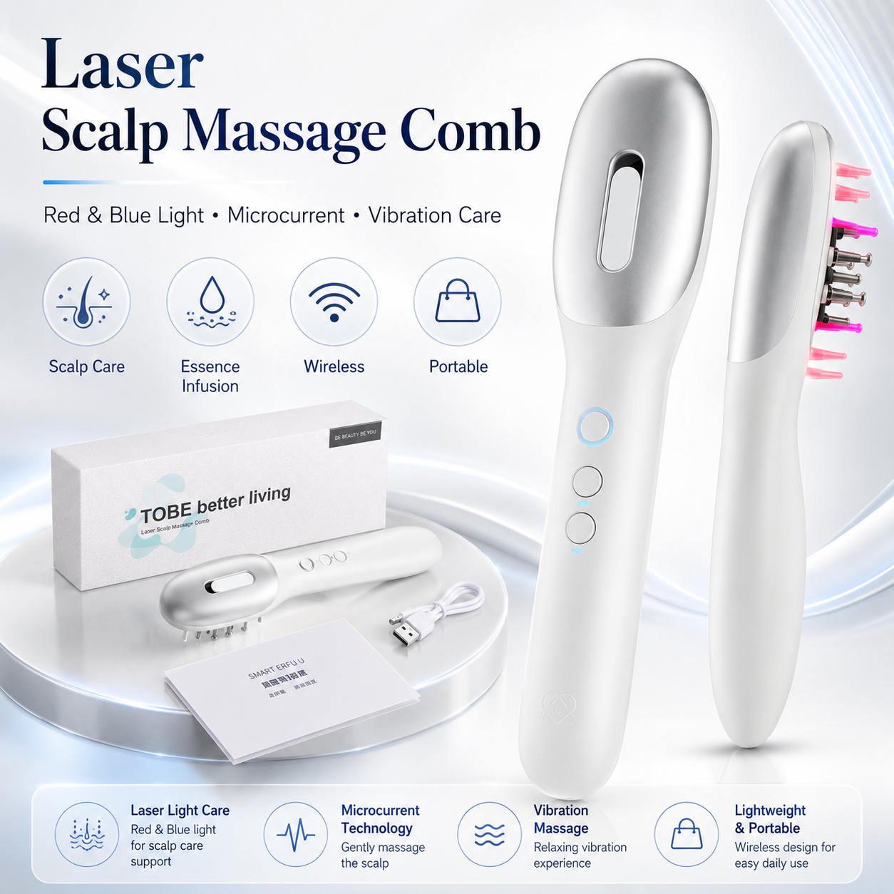 Rechargeable Wireless Red Blue Light Hair Growth Comb