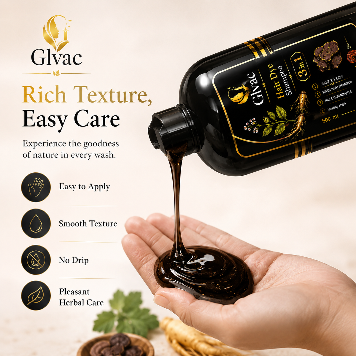 Glvac 3-in-1 Hair Colour Shampoo for Grey Hair – 500ml