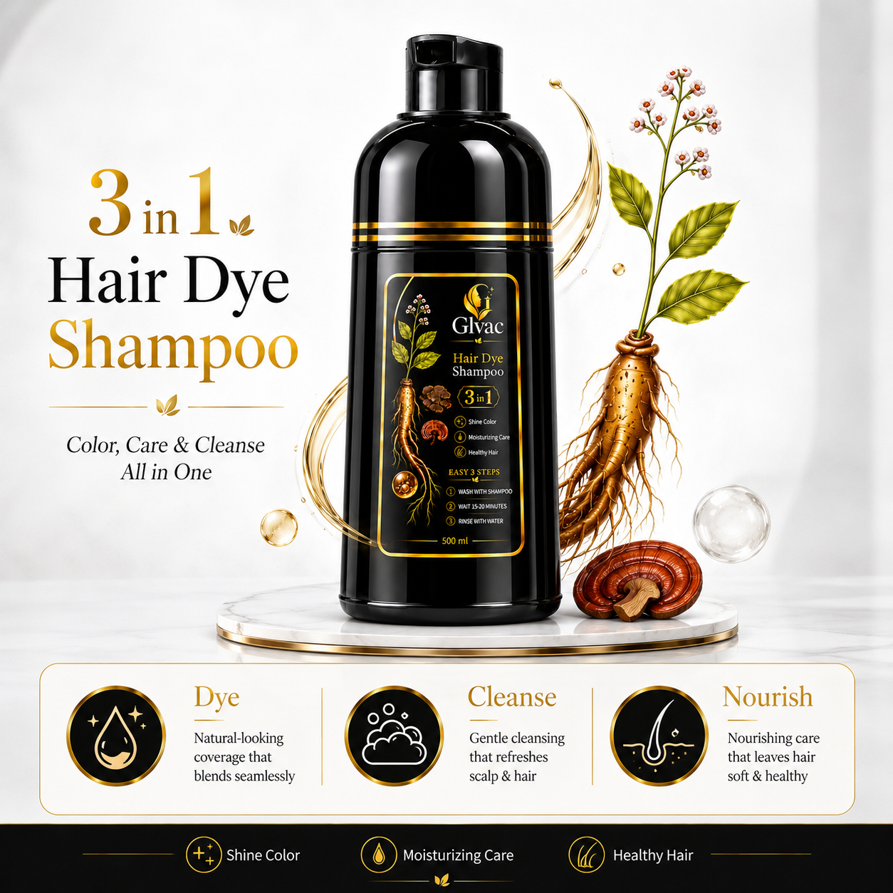 Glvac 3-in-1 Hair Colour Shampoo for Grey Hair – 500ml